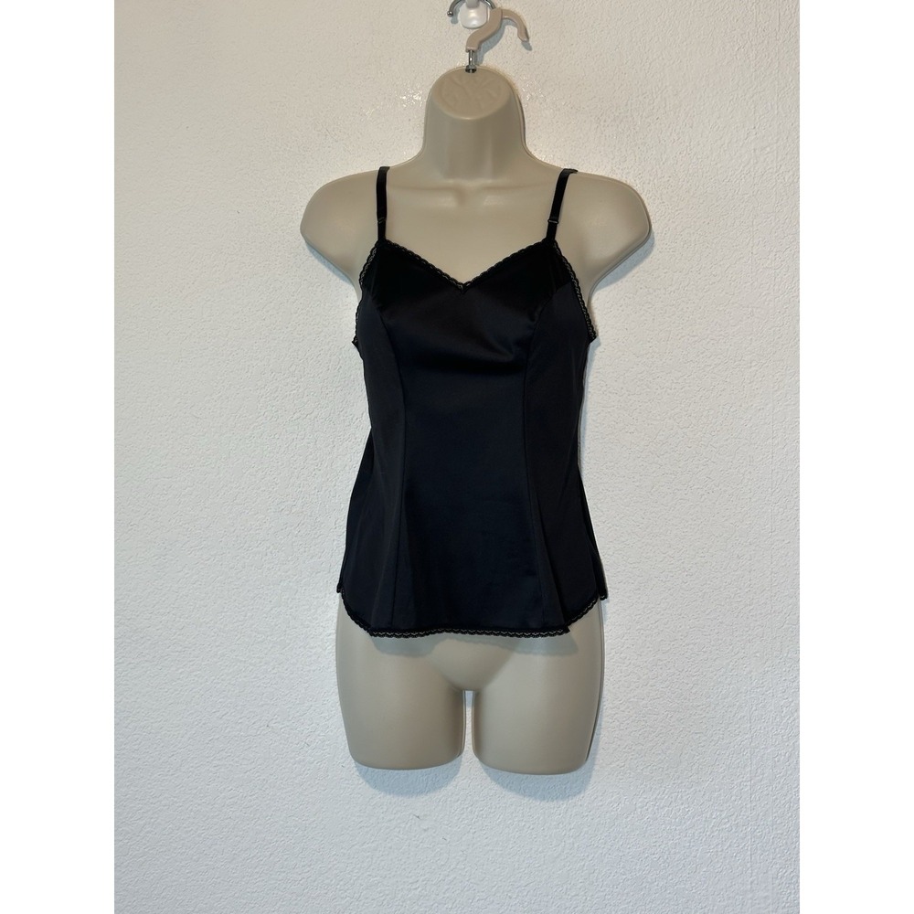 Vtg 90 Vanity Fair Black Cami Slip Top Scallop Lace Trim 34/40 USA Coquette Goth